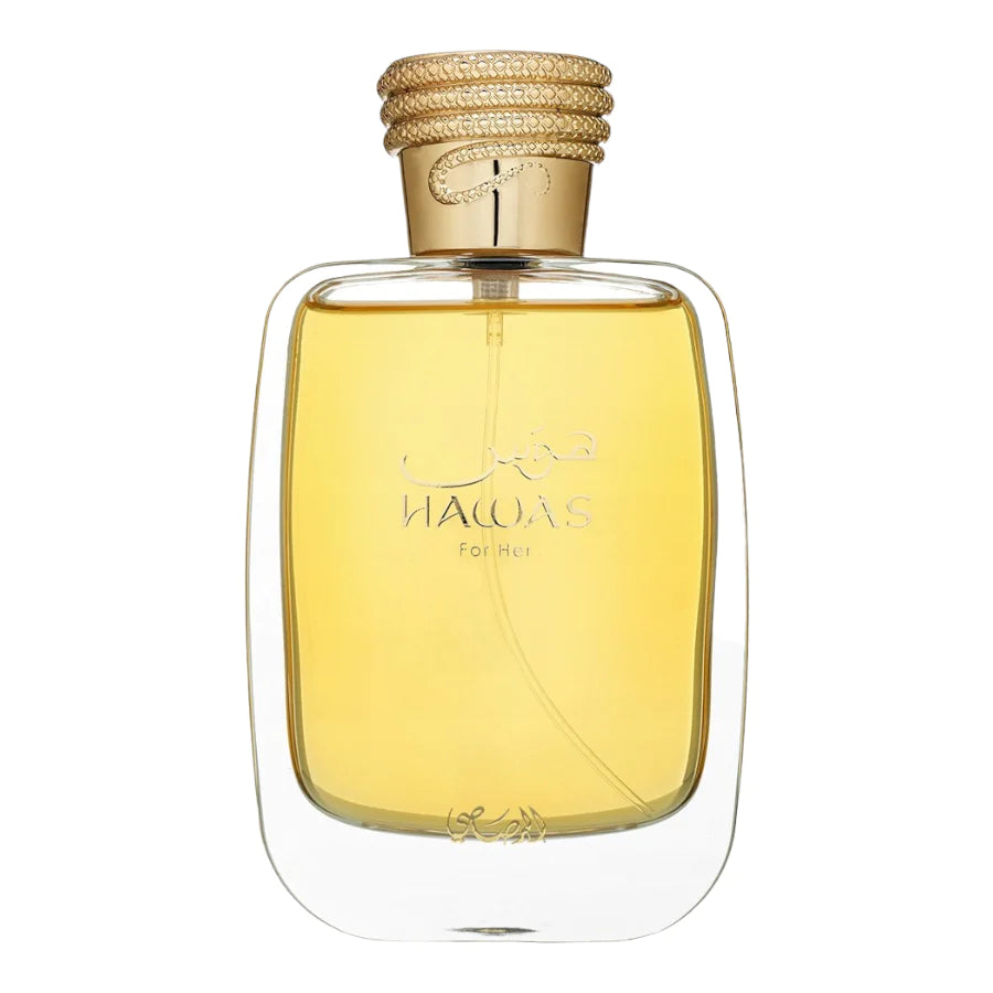Frasco de Rasasi Hawas Woman Eau de Parfum 100 ml, diseño elegante y moderno.