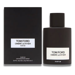 Frasco y estuche de Tom Ford Ombre Leather Parfum 100 ml – El frasco negro con detalles minimalistas se presenta junto a un estuche igualmente elegante y sobrio, resaltando el logotipo de Tom Ford. Esta combinación de lujo muestra la exclusividad del perfume.