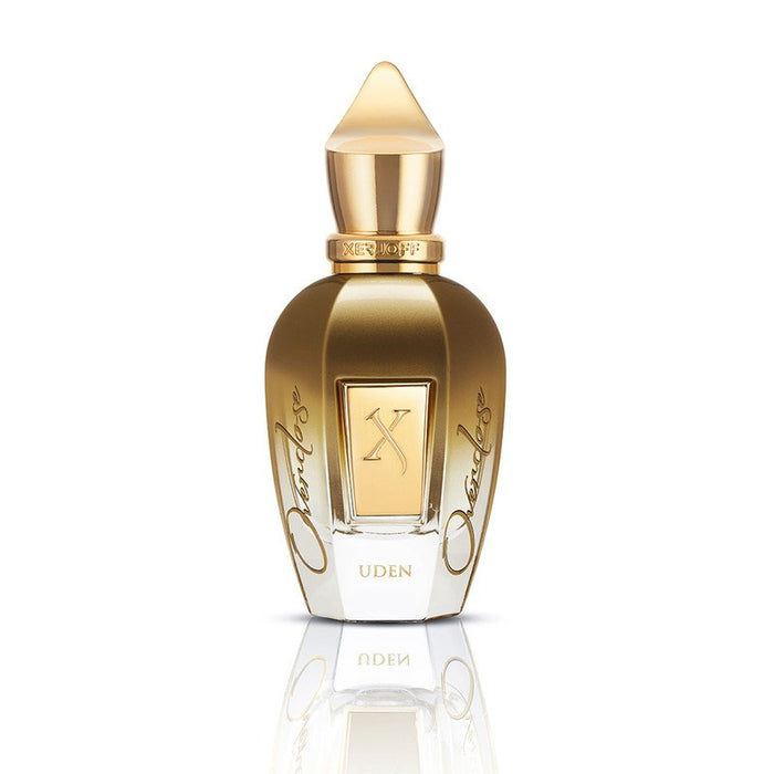 Frasco de Xerjoff Uden Overdose Parfum 50 ml, diseño robusto y vibrante.