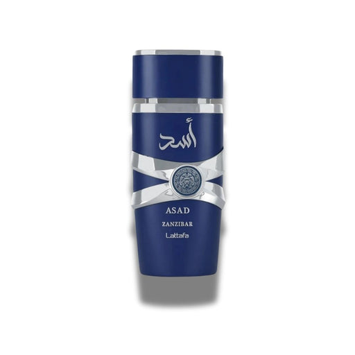 Frasco de Lattafa Asad Zanzibar Eau de Parfum 100 ml, diseño misterioso y cálido.