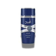 Frasco de Lattafa Asad Zanzibar Eau de Parfum 100 ml, diseño misterioso y cálido.