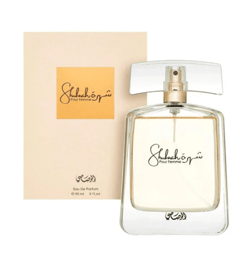 Frasco de Rasasi Shurah Women Eau de Parfum 90 ml, diseño elegante y refinado.
