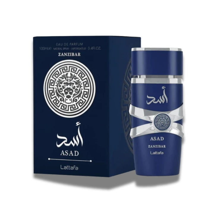 Lattafa Asad Zanzibar Eau de Parfum con su caja, presentación sofisticada.