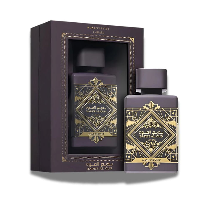 Lattafa Badee Al Oud Amethyst Eau de Parfum con su caja, presentación refinada