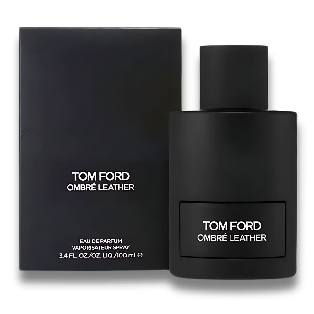 Frasco y estuche de Tom Ford Ombre Leather Eau de Parfum 100 ml – El frasco negro con detalles minimalistas se presenta junto a un estuche igualmente elegante y sobrio, resaltando el logotipo de Tom Ford. Esta combinación de lujo muestra la exclusividad del perfume