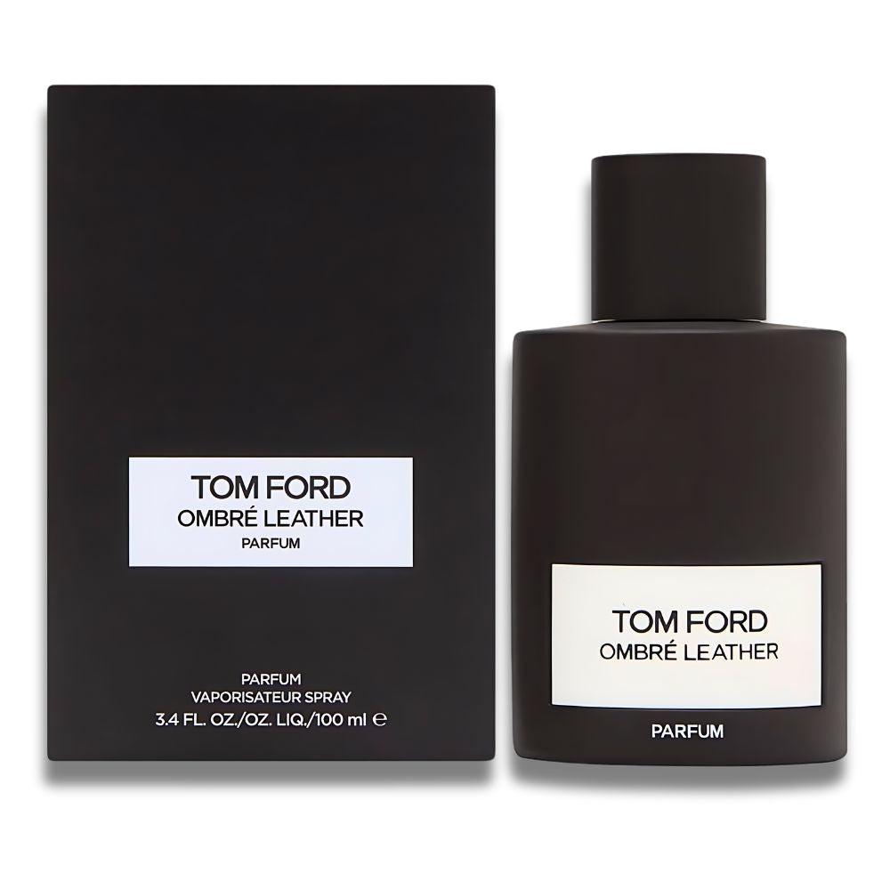 Frasco y estuche de Tom Ford Ombre Leather Parfum 100 ml – El frasco negro con detalles minimalistas se presenta junto a un estuche igualmente elegante y sobrio, resaltando el logotipo de Tom Ford. Esta combinación de lujo muestra la exclusividad del perfume.