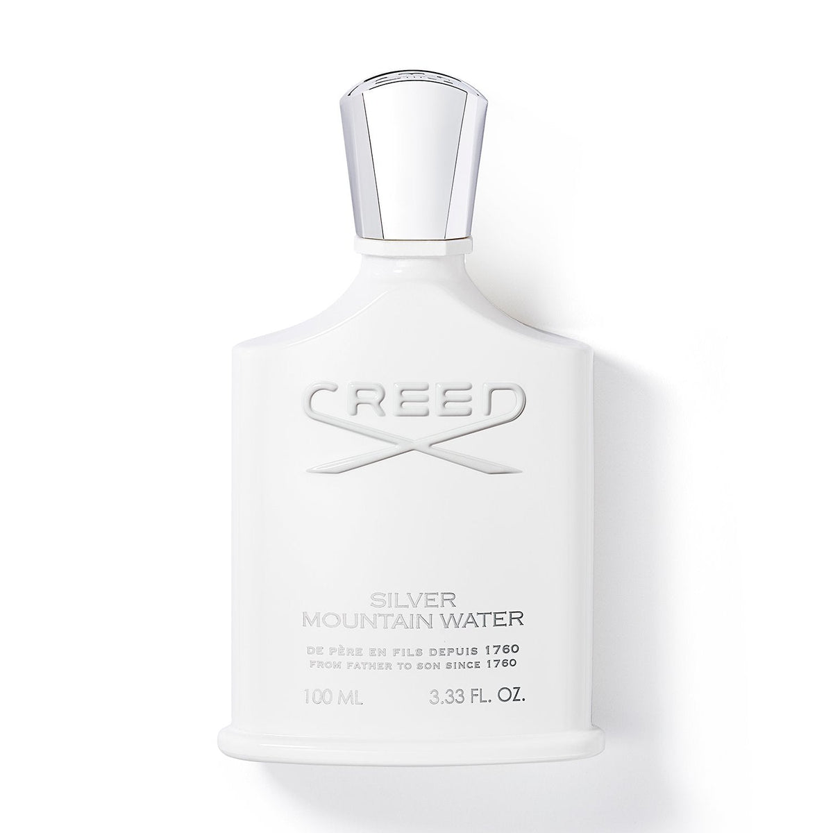 Frasco de Creed Silver Mountain Water Eau de Parfum 100 ml, diseño inspirado en las montañas.