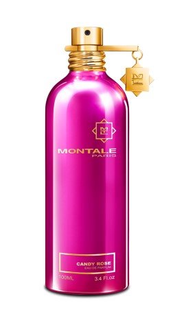 Frasco de Montale Candy Rose Eau de Parfum 100 ml, diseño vibrante y alegre.